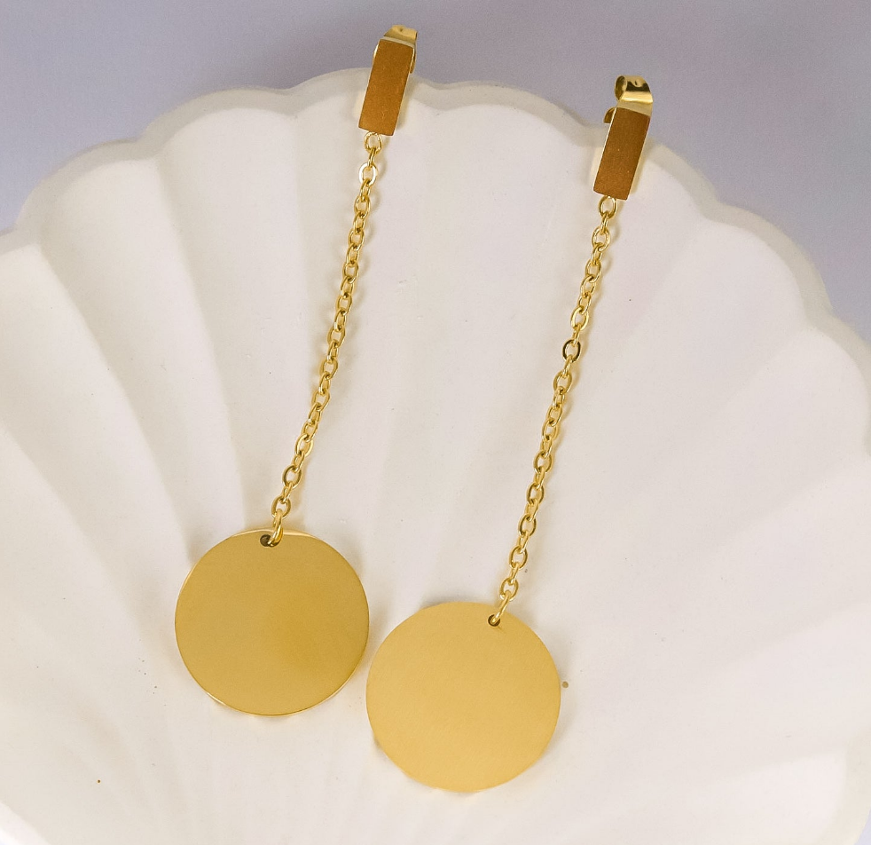 Earrings - Stainless steel long chain gold circle