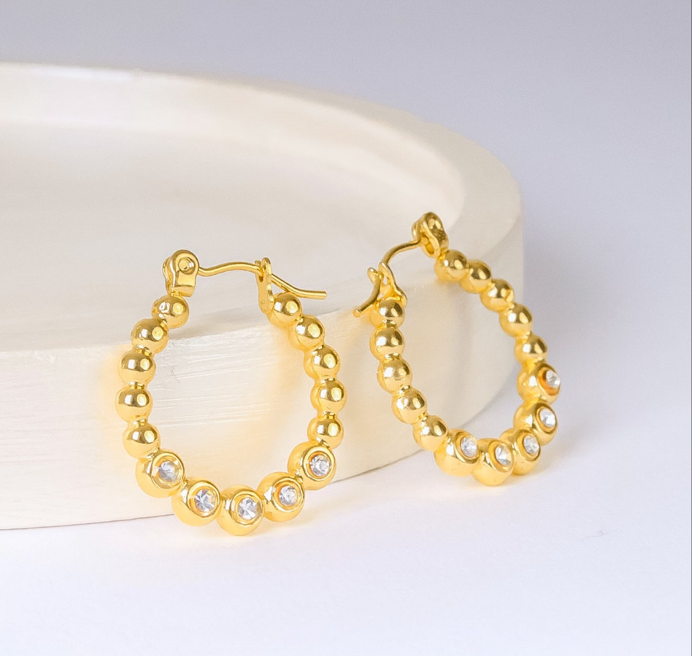 Stainless steel - Earrings gold balls with zircon stones