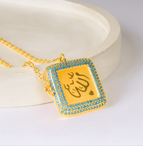 Necklace - Gold allah with blue zircon stones