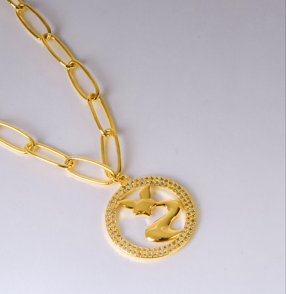 Necklace - Gold cat with Zircon stones circle