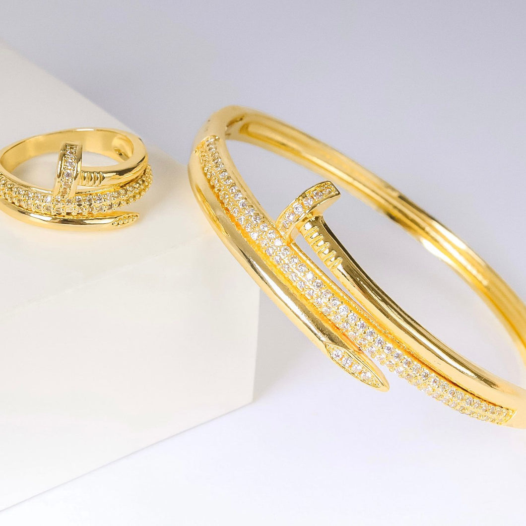 Sets - 2 pieces bracelet and ring gold zircon nail