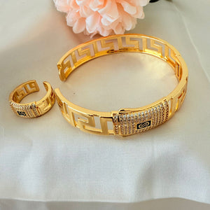 Sets - 2 pieces bracelet and ring free size gold zircon zigzag