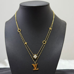 Necklace - Stainless steel Gold letters and clover black-white