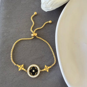 Bracelet - Stainless steel gold black flower