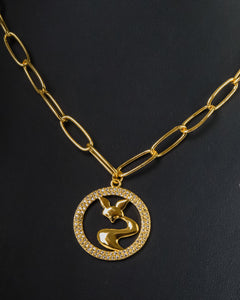 Necklace - Gold cat with Zircon stones circle