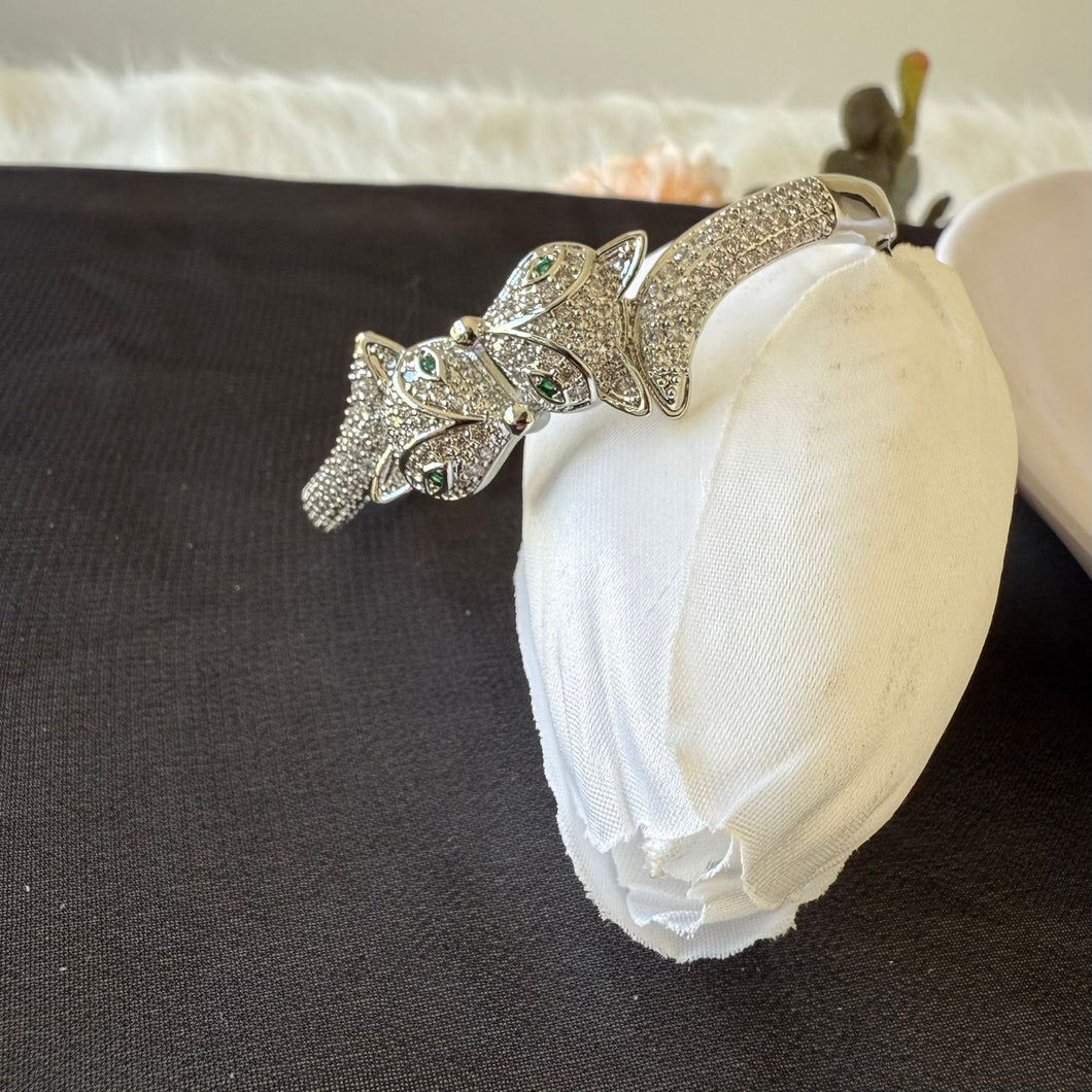 Bracelet - Silver zircon two cat head green eye