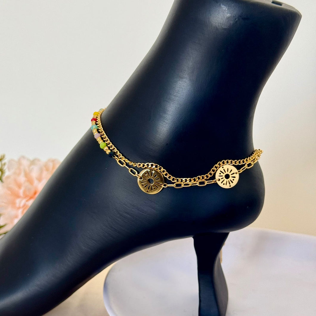 Anklet - stainless steel gold colourful beads