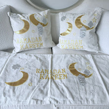 Load image into Gallery viewer, Two pillow case and runner gold Ramadan Kareem
